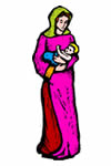A woman with veiled head holding a swaddled baby