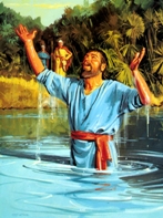 Naaman stands in the Jordan river, having been cleansed by God of his leprosy, with his hands raised and praising God
